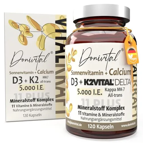 Vitamin D3 5000 I.E. + K2 Kappa K2Vital DELTA MK7 99,7% All-Trans + hochaktives Calcium. D3 K2 Kapseln