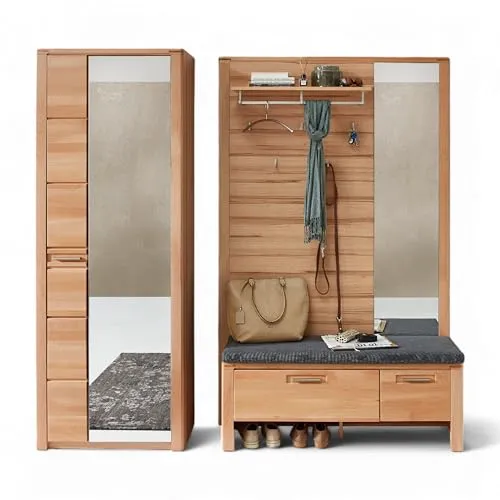 Linea Natura Garderobe 4-teilig aus Buche mit Glas und Textil - Elegantes Garderoben-Set (4-teilig) in Buchefarben, ideal für einen einladenden Eingangsbereich. Bietet praktischen Stauraum und einen bequemen Sitzplatz mit stilvollem Design.