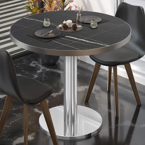 BN Bistrotisch Ø 70 cm - Schwarz Marmor mit Edelstahlrand - Moderner Bistrotisch aus HPL, ideal für Bars und Restaurants. Edle Optik in Schwarz Marmor, rund mit hoher Tragkraft für langlebigen Einsatz. Perfekt für stilvolle Einrichtung.