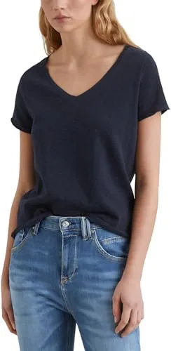 MARC O'POLO Denim Damen T-Shirt aus Bio-Baumwolle - T-Shirts für Damen, nachhaltig aus Bio-Baumwolle gefertigt und mit modischem V-Ausschnitt in Scandinavian Blue
