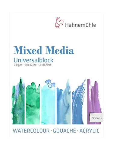 Hahnemühle Mixed Media Universalblock 30x40 cm - Vielseitiger Block für verschiedene Maltechniken wie Aquarell und Acryl. Das naturweiße, feinkörnige Papier mit 310 g/m² ist vegan und bietet höchste Alterungsbeständigkeit.