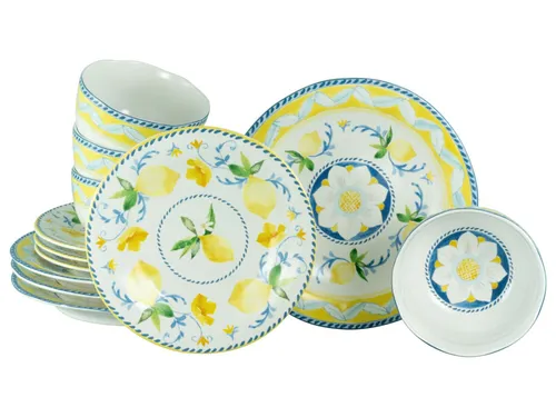 CreaTable Teller-Set Lemona, 12-tlg für 4 Personen - Buntes 12-teiliges Tellerset aus handgemalter italienischer Keramik, mikrowellen- und spülmaschinengeeignet – ideal für stilvolle Mahlzeiten im Haushalt.
