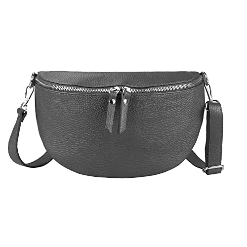 OBC Made in Italy Damen Leder Tasche Medium Handytasche Gürteltasche Crossbody Hüfttasche Bauchtasche Umhängetasche Cross-Over Bodybag Schultertasche Kosmetiktasche Dunkelgrau