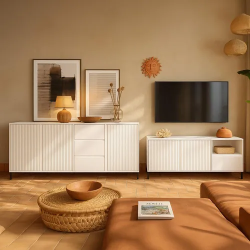 Lomadox Wohnwand AMELIA-129, 2-teiliges Lowboard in Weiß - Moderne 2-teilige Wohnwand mit grifflosen Fronten, ideal für Ihr Wohnzimmer. Das elegante Design bietet ausreichend Stauraum und passt perfekt zu Ihrer Unterhaltungselektronik.