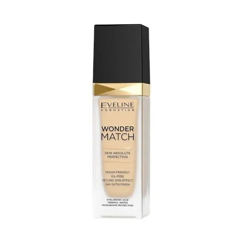 Eveline Cosmetics Wonder Match Foundation – Perfekte Deckkraft & pflegendes, seidiges Finish – Passt sich dem Hautton an – Mit Thermalwasser, Hyaluronsäure & Acai-Extrakt Mittlere bis volle Deckkraft