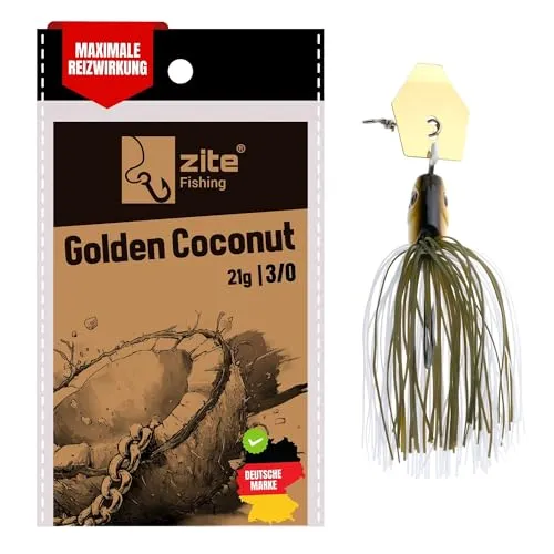 Zite Fishing Inzite Blader Chatter-Jigs | Bladed Jig Köder in 10g 16g & 21g | Intensive Vibrationen & 6 Farben | Trailerfähig mit scharfem Einzelhaken (Golden Coconut, 3/0, 21, Gramm)