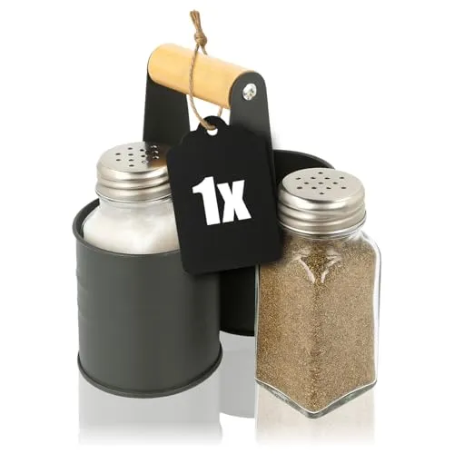 com-four® 3-teiliges Gewürzstreuer Set aus Glas - Salz und Pfeffer mit passender Halterung aus Metall (01 Stück - Mit Halterung)