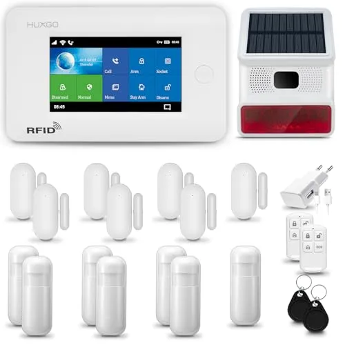 HUXGO® HXA006 Alarmanlage Haus WiFi + GSM 4G mit Solar-Funksirene| Alarmanlage Wohnung mit App. TUYA | Alarm System mit 7X Bewegungsmelder, 7X Tür- Fenstersensor| Wohnmobil Alarmanlage