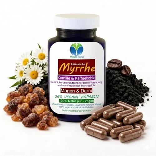 Myrrhe Kamille Kaffeekohle 360 Kapseln - Vegane Kapseln mit bewährter Pflanzenkombination zur Unterstützung der Verdauung und des Wohlbefindens. Ideal für den täglichen Gebrauch und sorgfältig hergestellt in Deutschland.