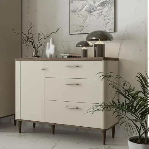 Forte LACETTI Kommode 120, Moderne Kommode mit Skandi Lamellen Design, 3 Schubladen, 1 Tür, Holzwerkstoff, Sand mit Valencia Eiche Holzdekor, 120,1 cm breit x 91,7 cm hoch x 41,2 cm tief