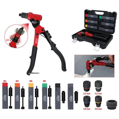 KS TOOLS 3 in 1 Handnietzangen-Satz, drehbar, 12-tlg. - Vielseitiger Werkzeugkoffer für professionelle Anwendungen mit 360° drehbarem Kopf und langlebigen Einsätzen, ideal für Werkstatt und Hobby.