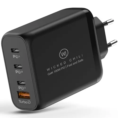 Wicked Chili 100W USB C GaN II Ladegerät - Netzteile für Handys mit 4 Ports, schnelles Laden bis zu 100W, ideal für MacBook, iPhone 16 und mehr. Kompaktes Design für müheloses Reisen.
