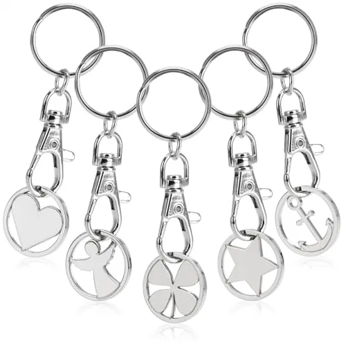 com-four® 5x Schlüsselanhänger aus Metall mit Karabinerhaken und Einkaufswagenchip, abnehmbarer Einkaufschip als Glücksbringer für den Schlüsselbund (05 Stück - Symbole)