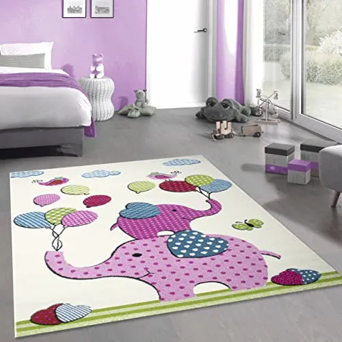 CARPETIA Süßer Kinder-Teppich mit Elefanten & Luftballons | in Creme rosa, 120 x 170 cm