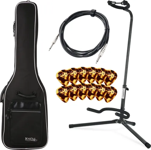 Rocktile E-Bass Zubehörset mit Gigbag und mehr - E-Bass Zubehörset mit robuster Gigbag, hochwertigem Instrumentenkabel, praktischem Gitarrenständer und 12 Fender Plektren für ambitionierte Einsteiger – alles in einem praktischen Set!