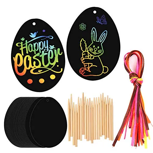HOWAF 20 Stück Ostern Kratzbild für Kinder, Osterei Kratzbilder Osterdeko Ostern Kratzpapier Bastelset Ostern Geschenke für Kinder Kleine Ostergeschenke Party Mitgebsel, mit Holzstiften Bändern