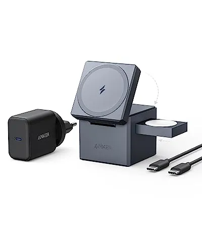 Anker 3-in-1 Cube mit MagSafe 2B2 (30 W) - Kabelloses Ladegerät - Kabelloses Qi-Ladegerät mit 3-in-1 Funktion, ermöglicht das gleichzeitige Laden von Smartphone, AirPods und Apple Watch für maximale Effizienz.