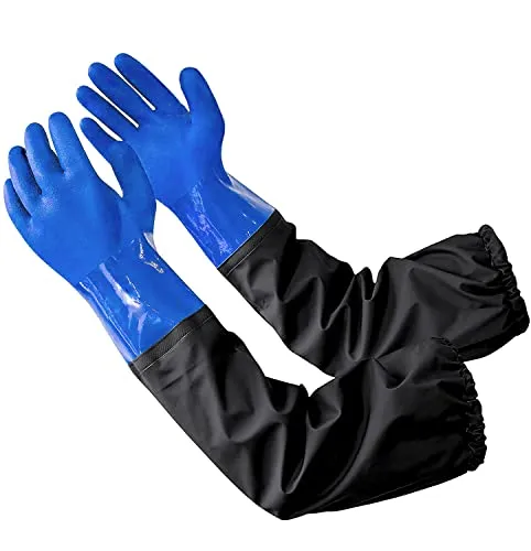 VETIN Gummihandschuhe Lang Wasserdicht, Arbeitshandschuhe Wasserdichte 68cm, Teichhandschuhe Lang Wasserdicht, Wasserdichte Handschuhe PU (Blau)