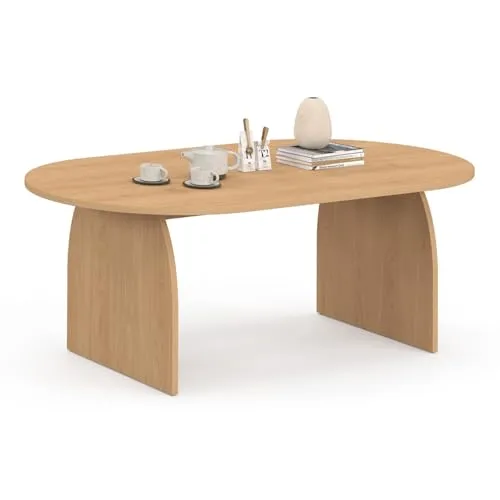 IDMarket - Couchtisch, oval, Edith, zentraler Fuß, Holzoptik, Buche-Effekt, 110 cm