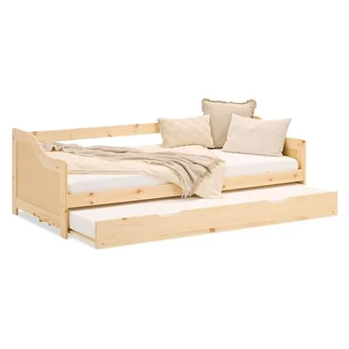 Homestyle4u Tagesbett Ausziehbett 90x200 cm - Natur Holzbett mit Lattenrost - Betten aus massivem Kiefernholz, mit ausziehbarem Gästebett für flexible Schlafmöglichkeiten und stilvolles Design für jedes Zimmer.
