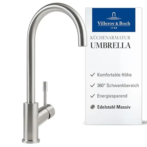Villeroy & Boch Umbrella Edelstahl massiv Hochdruckarmatur - Hochdruckarmatur mit Festauslauf, 360° Schwenkbereich und einem Durchfluss von 14,0 l/min – ideal für moderne Küchen.