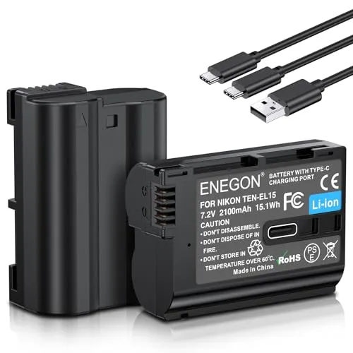 ENEGON EN-EL15/EL15C USB-C Direktladung Ersatzakkus 2100mAh (2er-Pack) mit 2-in-1 USB-C Ladekabel fü Nikon D7100 D750 D7000 D7200 D610 D880,D810 D800 D600 D800e D810a Z5 Z6 Z7 Z8 ZF
