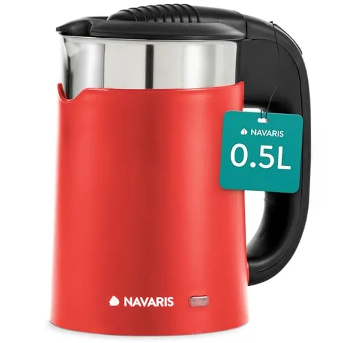 Navaris Edelstahl Reisewasserkocher 0,5L - 1100W Mini Reise-Wasserkocher in Rot, inkl. 2 Trinkbecher und ideal für Camping und Reisen