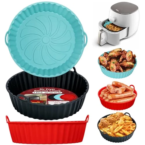 Alyvisun Silikonform für Heißluftfritteuse, 3 Stück Air Fryer Silikonmatte Wiederverwendbar Silikon Backform Pot Zubehör Runde Einsätze Liner für Airfryer, Mikrowelle, Ofen(Rot+Schwarz+Blau)