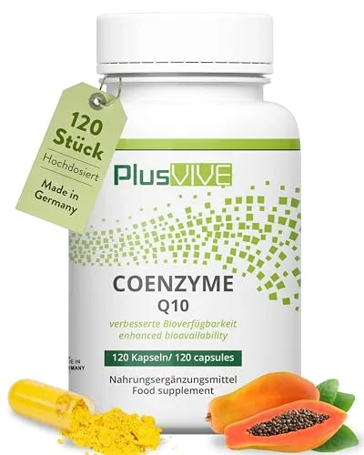PlusVive Coenzym Q10 Kapseln hochdosiert I 1x 120 Kapseln I 200mg Coenzym Q10 pro Kapsel I CoQ10 Kapseln mit Papain & Spirulina I Nahrungsergänzungsmittel vegan & laborgeprüft