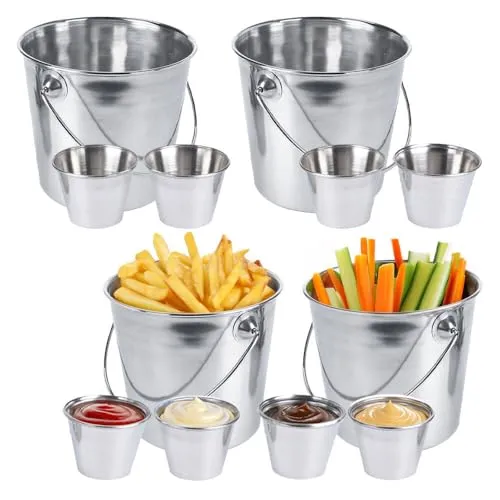 Murago - 4x Snackeimer & 8x Dipschalen - Pommeshalter Pommestüten Snackschale Pommeschale Knabberschale Schälchen Ketchup Mayo lebensmittel Teller Schale Schüssel mit Griff Gemüsesticks Dips Korb Tüte