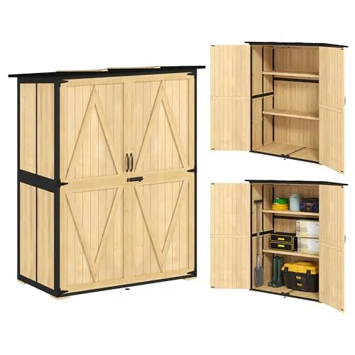 Outsunny Wetterfester Gartenschrank aus Holz - Robuster Geräteschuppen mit abschließbaren Doppeltüren und wetterfestem Asphalt-Pultdach, ideal für die sichere Aufbewahrung von Gartengeräten auf Terrasse und im Garten.