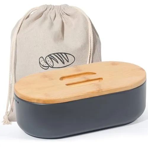 SYLANDO Klein Brotkasten, 33,5 * 18 * 11,3CM, 5L Hochwertige Metall Brotbox, Die Aufbewahrung für noch länger frisches Brot, Deckel aus Ökologisches Bambus, Matt Grau