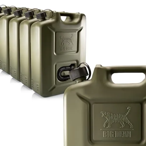 BigDean 5 Stück 20L Benzinkanister in Olivgrün mit flexiblem Ausgießer - Benzinkanister: Sicherer Transport von Benzin, Diesel und AdBlue mit UN-Zulassung. Flexibles Ausgießrohr für einfache Handhabung, Made in Germany.