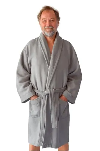 heimtexland ® Bademantel Herren Waffelpique Saunamantel Frottier Schalkragen 100% Baumwolle OEKO-TEX schnelltrocknend saugfähig hautfreundlich Typ915 grau L