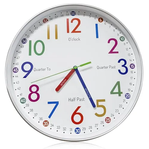 Kinder Wanduhr, 30cm Lernuhr Wanduhr für Jungen und Mädchen, Quartz Lautlos Kinder Wand Uhr ohne Tickgeräusche, Bunt Zahlen Lernuhr, Lautlose Dekouhr Kinder für Kinderzimmer Kindergarten Schule