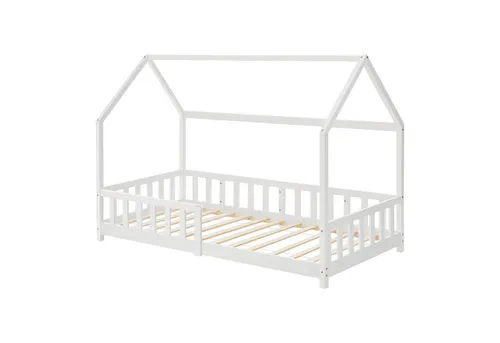 en.casa Hausbett »Hesel« aus Kiefernholz in Weiß 90 x 200 cm - Abenteuerbett in charmantem Hausdesign, ideal für Kinderzimmer. Mit Rausfallschutz für sicheren Schlaf und einfacher Montage.