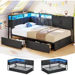 KIMENICH Polsterbett mit LED-Beleuchtung und USB-Ladestation, 90×200cm, Schwarz - Praktisches Jugendbett mit L-förmigem Regal und 2 Schubladen für optimalen Stauraum. Die integrierte LED-Beleuchtung ist per App steuerbar, und die USB-Ladestation sorgt für bequemes Aufladen von Geräten.