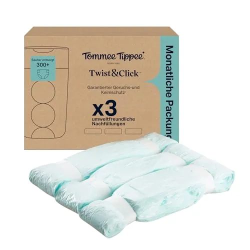 Tommee Tippee Twist & Click Nachfüllfolie für Windeleimer, 3er-Pack, je 10,5 m, mehrlagige antibakterielle* Folie, passend für Twist & Click Kassette, 3 x 10,5 m