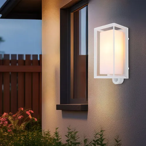 Außenwandleuchte mit Bewegungsmelder - elegante Haustürlampe in Weiß - Moderne Wandleuchte aus weißem Aluminium mit integriertem Bewegungsmelder für automatisches Licht. Ideal für Außenbereiche dank IP44-Schutzklasse.