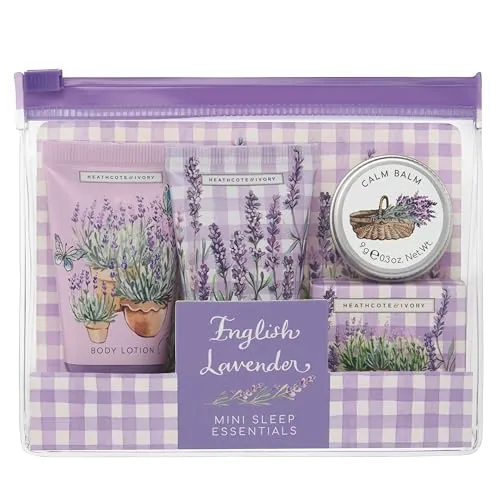 Heathcote & Ivory Handcreme und Duschgel, 2 x 30 ml, entspannendes Badesalz 30 g, ruhiger Balsam 9 g, Mini-Schlaf-Essentials, Sheabutter, Lavendel, Reisegröße, Schönheitsgeschenk für sie