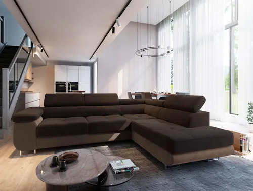Masseno Ecksofa SELVA R-S mit Schlaffunktion - Ecksofa mit Bettkasten und verstellbaren Kopfstützen, ideal für Wohnräume und Gästeübernachtungen - stilvoll und funktional in Braun, MONOLITH 29 + MONOLITH 09.
