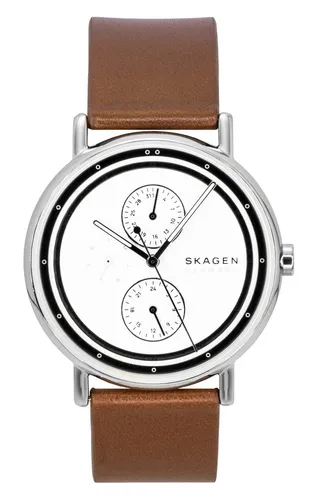 Skagen Signatur Uhr für Herren - Elegante Armbanduhr mit 40mm Edelstahlgehäuse, präzisem Quarzwerk und individuell verstellbarem braunem Echtlederarmband. Wasserdicht bis 50m, ideal für Freizeitaktivitäten.
