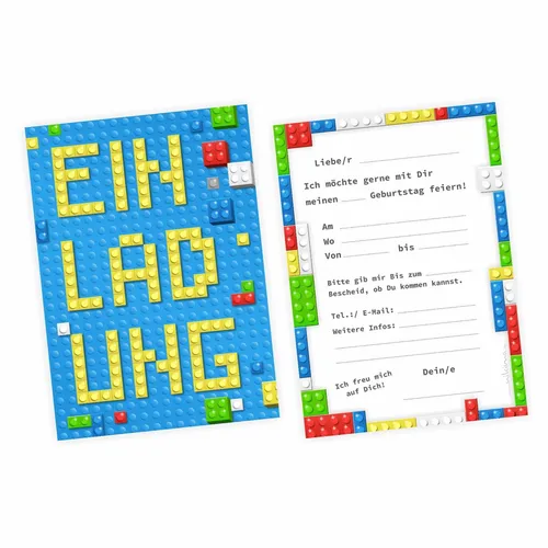 Einladungskarten Bausteine Bricks Bauklötze inkl.Umschlag Kindergeburtstag 10