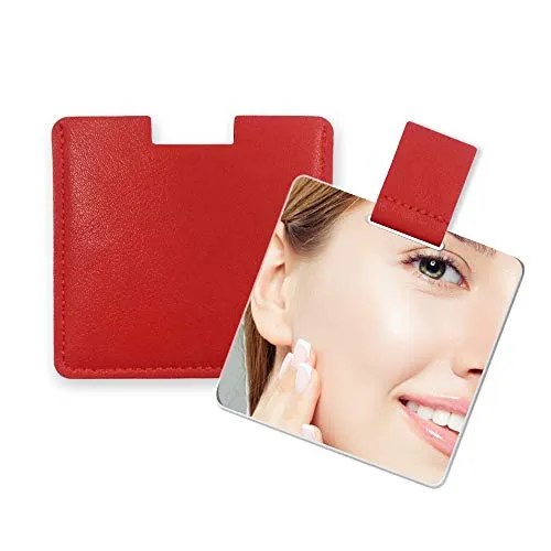 Fixleren Ultra Dünn Taschenspiegel, unzerbrechlicher Edelstahl, mit PU-Ledertasche, leicht zu tragen, leicht und geeignet für Make-up, Camping, Reisen (rot)