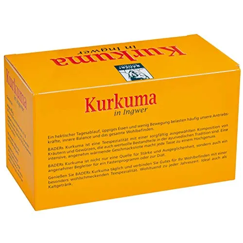 BADERs Kurkuma in Ingwer Tee aus der Apotheke. Erlesener Gewürztee nach ayurvedischer Tradition, 20 Aromaschutz-Filterbeutel