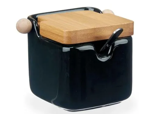 Vessia - Zuckerdose aus Keramik, mit Deckel aus Bambusholz, mit Zuckerlöffel, Zuckerbehälter, Maße 10 x 8 x 8 cm, Zuckertopf, Schwarz