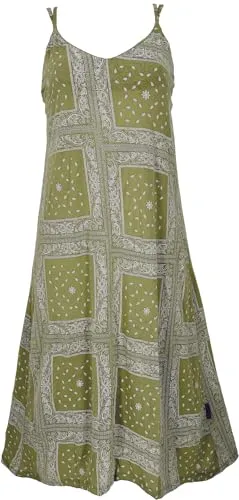 GURU SHOP Midikleid mit Patchworkdruck - Olivgrün, Damen, Size:S - Freizeitkleid für Damen, locker fallendes Design mit figurumschmeichelndem Patchwork-Druck, ideal für warme Sommertage.