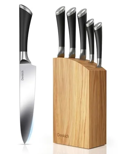 Denkich Messerblock, 6-TLG Küchenmesser Set Scharf, 5 Verschiedene Messerset mit Block, Deutscher Präzisionsklingen aus Rostfreiem Edelstahl, Profi Küchenmesserset für den Heimgebrauch
