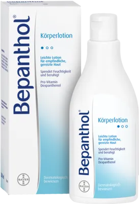 Bepanthol Körperlotion Flasche - Ganzkörperpflege für empfindliche Haut, spendet intensiv Feuchtigkeit und fördert den Wiederaufbau der Hautschutzbarriere – auch für Baby- und Kinderhaut geeignet.