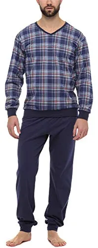 Timone Herren Schlafanzug Lang mit Bündchen aus Baumwolle Nightwear Set TI30-107 (Kariert7 Marine, S)